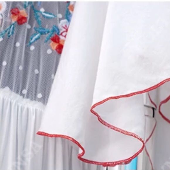 White Cotton Boho Maxi Dress W/Side Slits Hand Embroidered Stitch, Swim Coverup - Picture 7 of 8